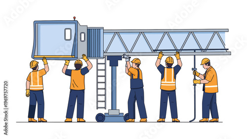 Construction Team at Work: A team of skilled workers collaborates diligently to assemble a sophisticated jet bridge structure, showcasing precision and teamwork. 