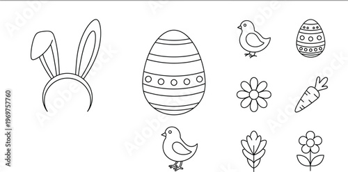 A delightful collection of simple line art icons featuring traditional Easter and spring symbols, perfect for coloring, crafts, or festive decorations.