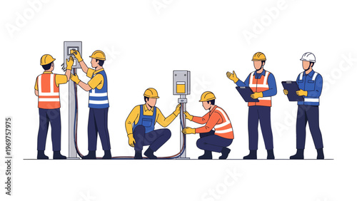 Electrical Team at Work: A team of skilled electricians collaborating on a project, focused and meticulously working with cables, demonstrating expertise in their field.