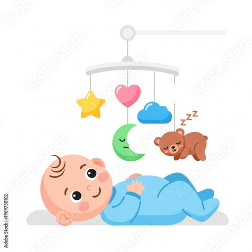 Baby lying under mobile with colorful toys in nursery room  