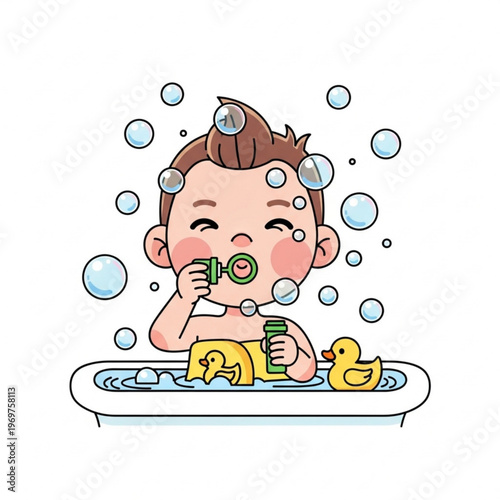 Happy baby playing with bubbles and rubber ducks in bathtub  