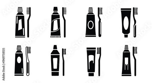 Black silhouettes of toothpaste tubes and toothbrushes arranged in a grid