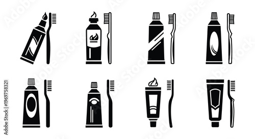 Black silhouettes of toothpaste tubes and toothbrushes arranged in a grid