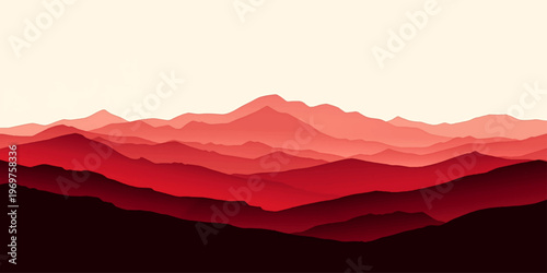 Vector illustration of a misty mountain landscape at sunset featuring a forest valley under a cloudy sky with sun rays hitting the peaks and hills along the horizon