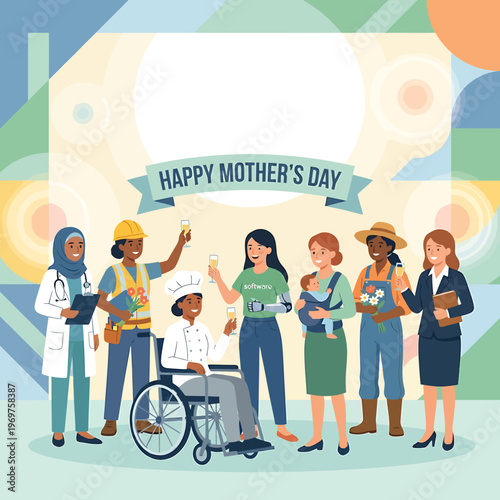 Modern Vector Illustration of Inclusive Mothers Day Celebration 2026 with Working Moms