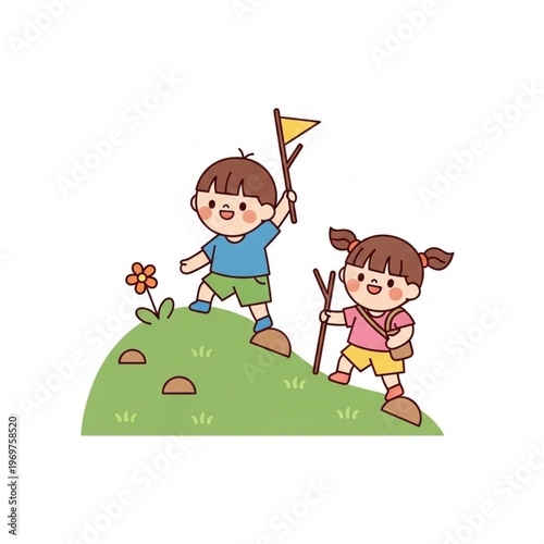 Two children hiking on a hilltop and enjoying nature together  