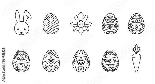 A charming collection of outline vector icons featuring cute Easter bunny, ornate eggs, spring daffodil, and a fresh carrot perfect for holiday designs.