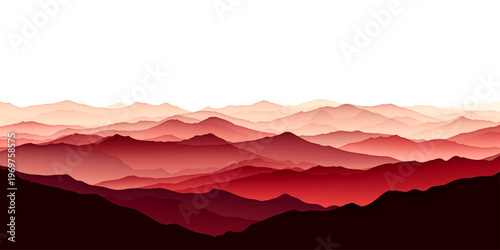 Abstract red and white background featuring a torn paper landscape design with vector mountains and mist under a light pattern of clouds