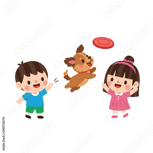 Children playing with a dog and frisbee in a joyful manner  
