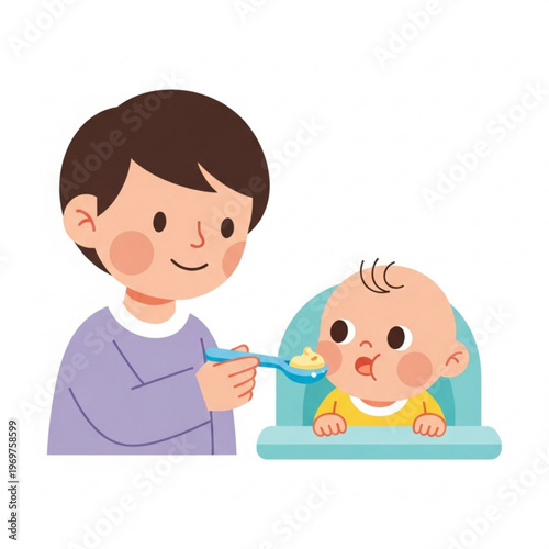 Young boy feeding baby with spoon in high chair at home  