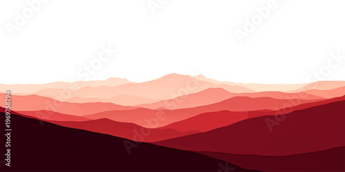 Beautiful vector illustration of a misty mountain landscape at sunrise with a forest valley under a glowing orange sky and distant peaks
