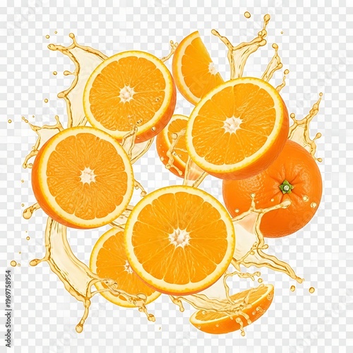 Fresh juicy orange slices and a ripe citrus half are isolated on a white background, offering a healthy organic snack rich in natural vitamin juice