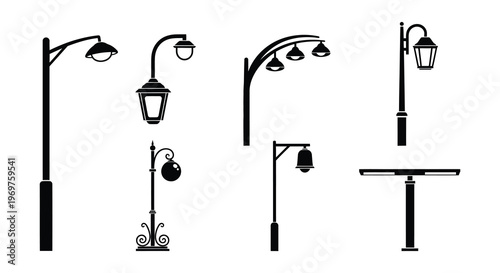 Collection of ornate black street lamps and lanterns in various designs