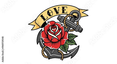 Anchor and Rose Tattoo with Love Banner