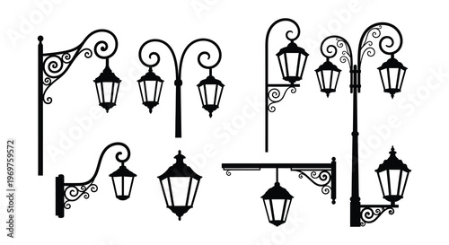 Collection of ornate black street lamps and lanterns in various designs