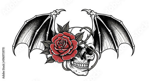 Gothic Skull with Bat Wings and Red Rose - Tattoo Style Illustration