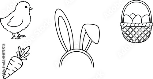 A collection of outline drawings featuring a cute chick, bunny ears, a fresh carrot, and an Easter egg basket, perfect for holiday celebration designs.