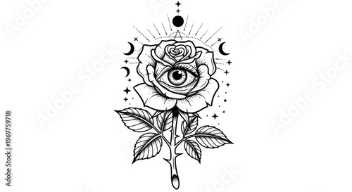 Mystical Rose with All-Seeing Eye and Celestial Symbols