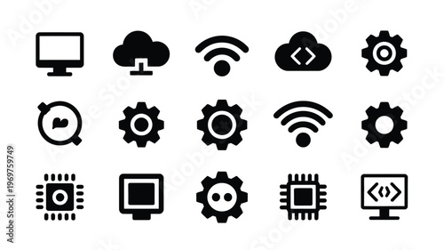 Black and white technology icons including computer monitors wi fi signals cloud storage gears silhouette symbols and chip diagrams in a minimalist style for digital concepts