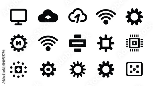 Black and white technology icons including computers clouds wi fi signals gears and circuit boards in minimalist style