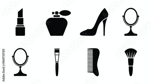 Collection of beauty icons in minimalist style featuring lipstick perfume bottle high heels makeup brushes comb and compact mirrors in black silhouette design isolated on white