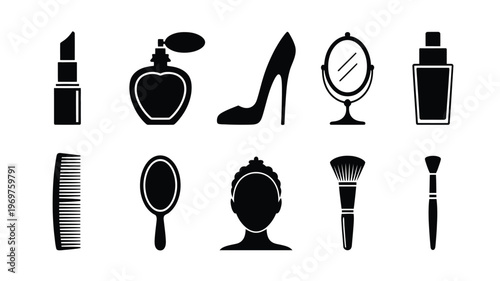 Black silhouette icons of beauty and cosmetic products including lipstick perfume high heels mirrors and makeup brushes