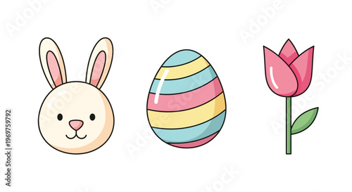 A delightful collection of three charming cartoon icons featuring a cute bunny rabbit head, a colorful striped easter egg, and a beautiful pink tulip flower.