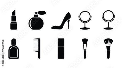 Black silhouette icons of beauty products including lipstick perfume high heels mirrors nail polish comb and makeup brushes
