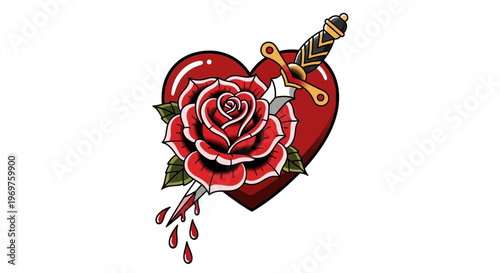 Rose and Dagger Through Heart Tattoo Design