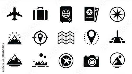 Collection of black and white travel icons featuring airplane suitcase map compass passport and camera for adventure themes