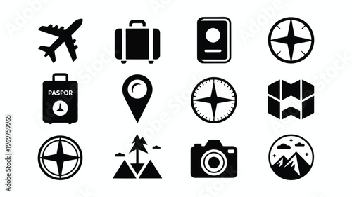 Travel and adventure icons featuring airplane compass map camera and mountain silhouettes in minimalist black and white design