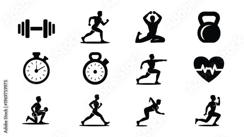 Black and white fitness icons featuring dumbbells kettlebells running stretching and cardio exercise symbols in minimalist style
