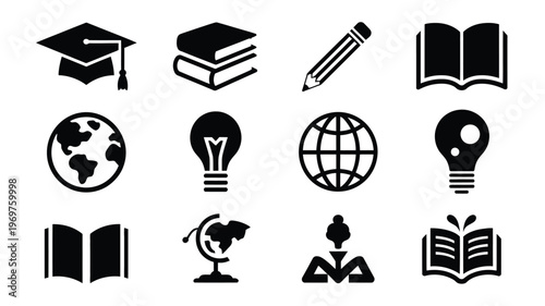Quadro su tela Educational icons featuring graduation cap books pencil globe lightbulb and read
