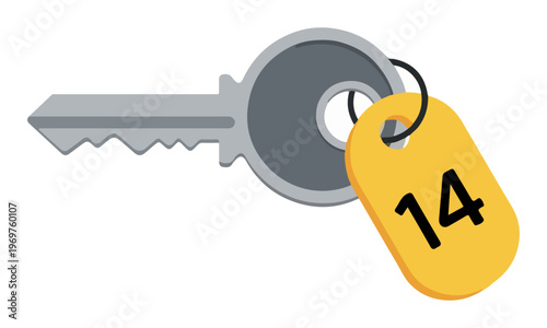 Metal door key with number 14 yellow keychain tag on white background