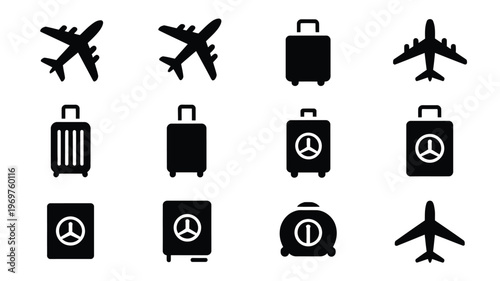 Black and white icons of airplanes luggage and travel symbols arranged in a grid on a plain background emphasizing minimalist travel and transportation imagery