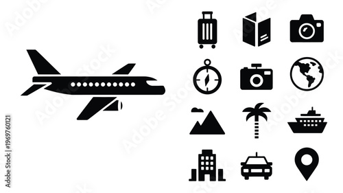 Modern vector icons of airplane luggage camera compass map and travel symbols in sleek black design with clean lines
