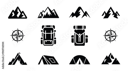 Black and white vector icons of mountains compasses backpacks and tents for outdoor adventure and hiking themes