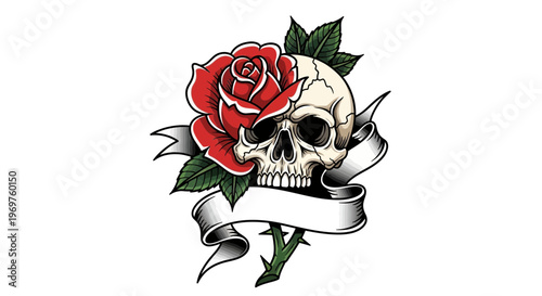 Skull rose banner tattoo design, gothic, vintage, illustration, isolated