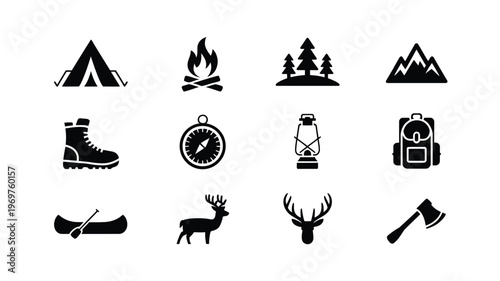 Set of camping icons including tent fire trees mountains boots compass lantern backpack binoculars deer antlers and axe in minimalist black and white vector design
