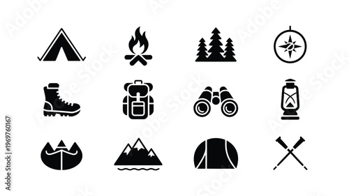 Black and white vector icons of camping gear including tent campfire trees compass boots backpack binoculars lantern and hiking equipment