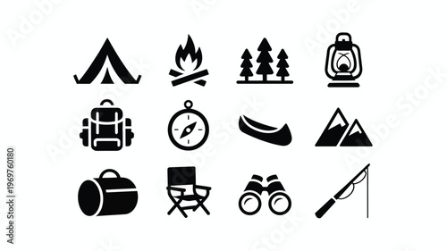Black and white vector icons of camping gear including tent backpack compass canoe and fishing rod for outdoor adventure