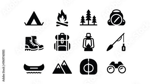 Vector icons of camping gear featuring tent boots backpack campfire trees fishing rod canoe compass mountain and binoculars in minimalist style