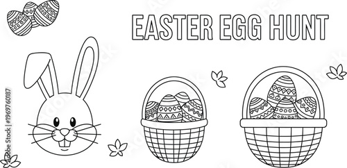 This delightful black and white coloring page features an easter egg hunt with a cute bunny head, decorated eggs, and baskets, perfect for springtime fun.