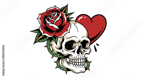 Skull rose heart tattoo illustration