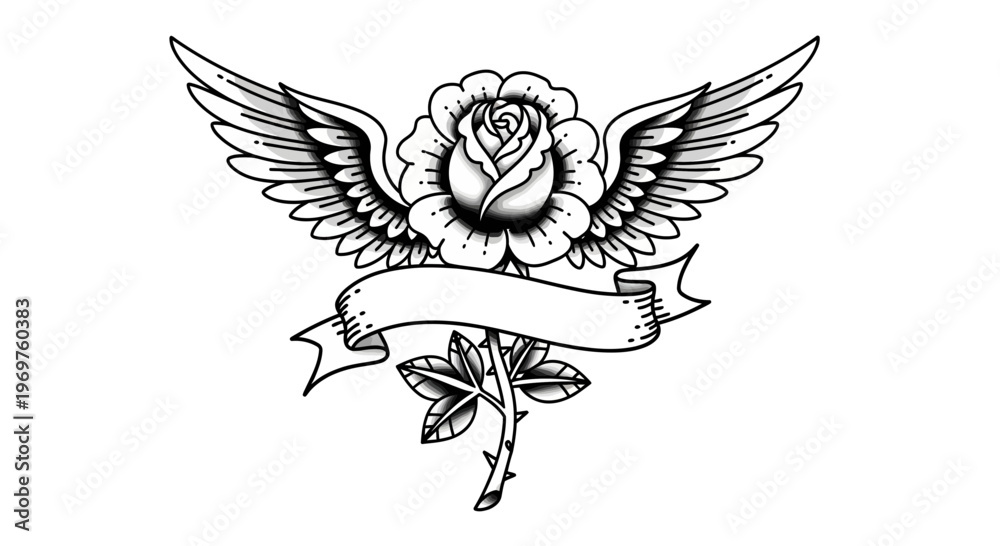 Obraz premium Winged Rose Tattoo Design with Banner