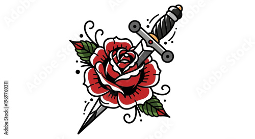 Traditional Rose and Dagger Tattoo Design