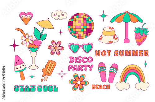 Retro Groovy Summer  Set. 70s Aesthetic Vector Illustrations with Disco Ball, Cocktail, Sunglasses, and Beach Elements. Y2K Style Pop Art Icons for Tropical Party and Vacation.