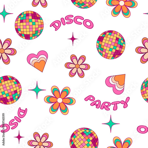 Retro Disco Party Seamless Pattern. Groovy 70s Aesthetic Background with Disco Balls, Hippie Flowers, Hearts and Sparkles. Colorful Vector Illustration for Fabric, Wallpaper and Trendy Stationery. 