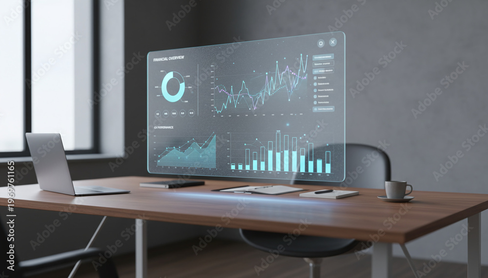 Naklejka premium Spatial computing floating frosted glass UI dashboard over office desk
