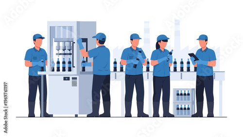 Beverage Production: The image portrays the seamless operation of a modern bottling factory, where diligent employees oversee the automated process of filling beverage bottles with precision and care.